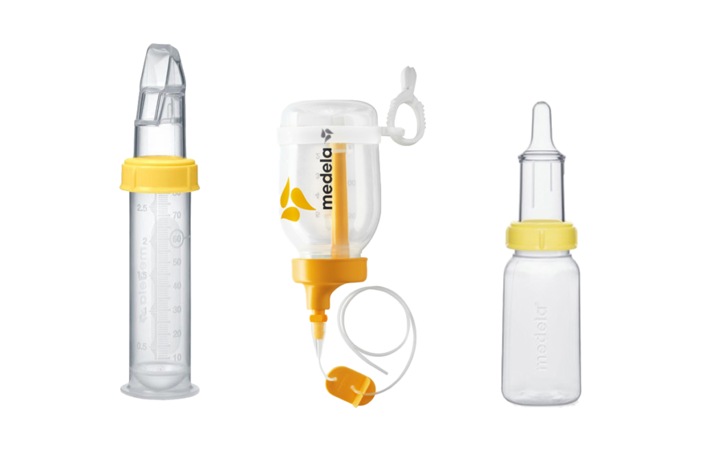 Image of several Medela feeding devices and special needs feeders
