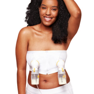 Image of Woman using Hands-free pumping bustier with a double electric breast pump
