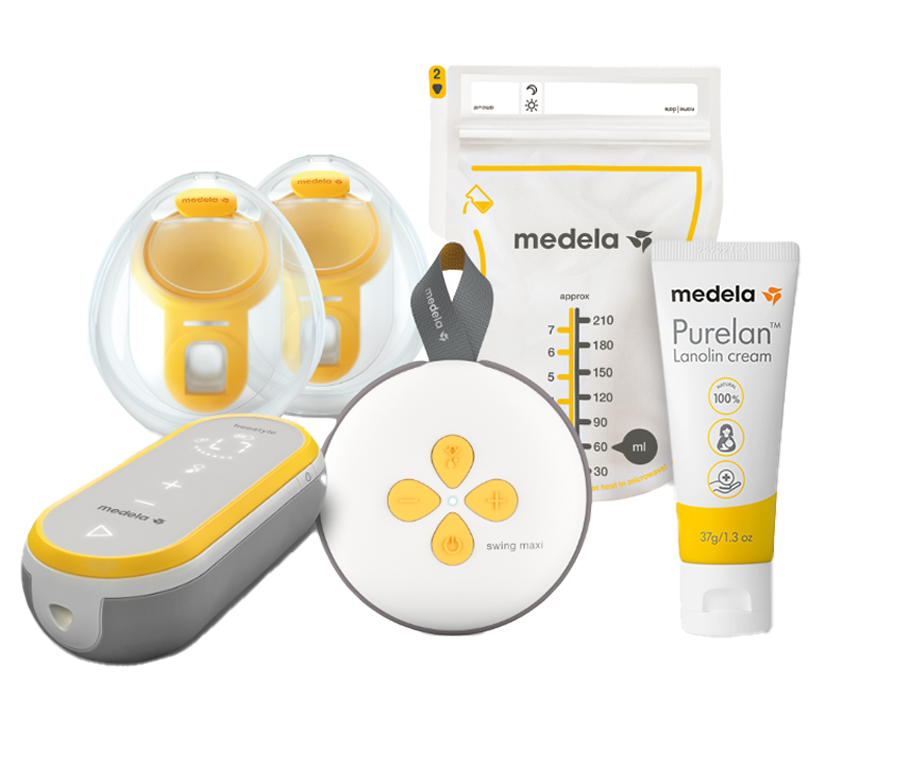 Multiple Medela Products, including breast pump, milk storage bag and nipple cream